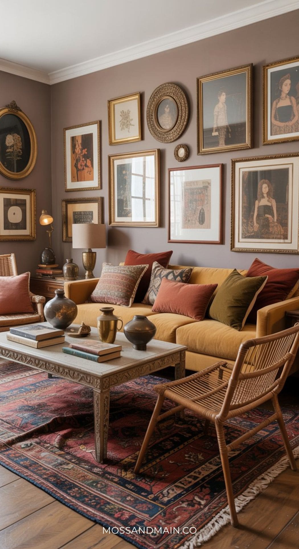 Cozy living room ideas shine in this space with a sophisticated mustard sofa, assorted pillows, wooden coffee table, woven chair, and patterned rug. Framed art and portraits in gold frames create a warm, eclectic gallery wall.
