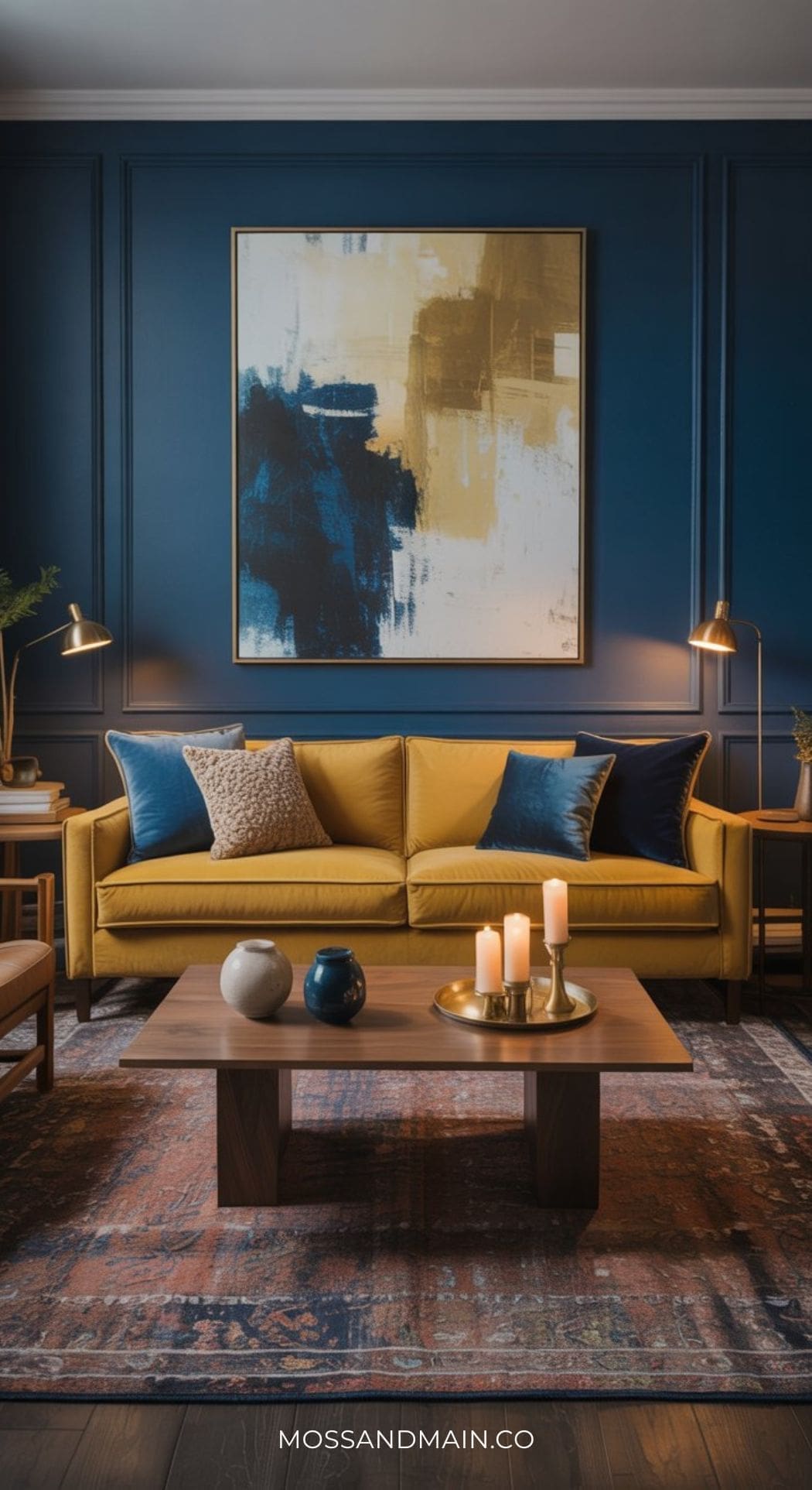 A sophisticated modern living room with a mustard sofa, blue and neutral throw pillows, a wooden coffee table with candles and vases, blue walls, abstract wall art, and warm lighting. Discover cozy living room ideas with a stylish rug and side tables.