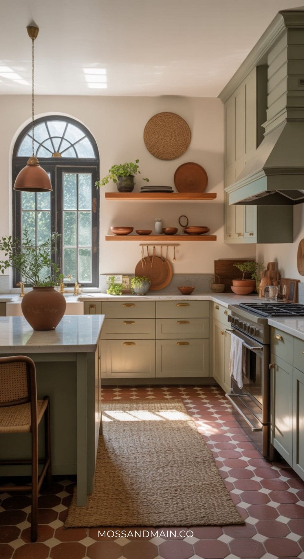 Sunlit kitchen with sage green cabinets, a large arched window, terracotta-tiled floor, wooden shelves holding plants and dishes—a marble island with a chair anchors the space’s earthy palette and warm decorative accents throughout.