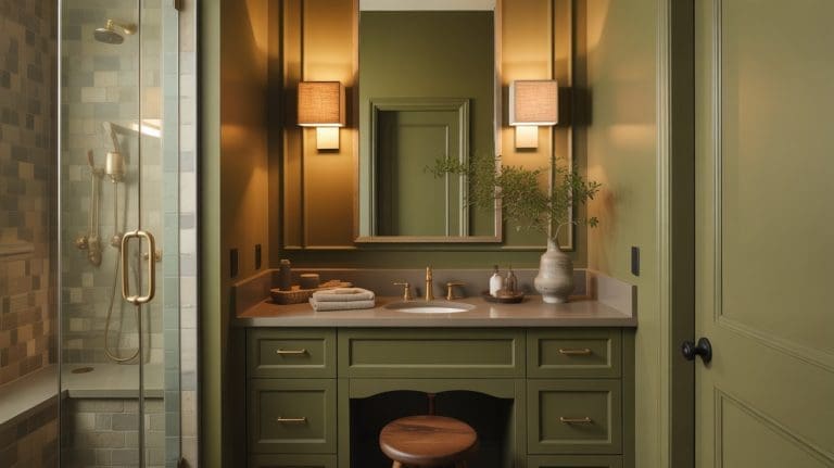 A stylish olive green bathroom features chic cabinets and walls, a built-in vanity with a round wooden stool, a large mirror, wall sconces, a potted plant, and a glass-enclosed shower with mosaic tiles and brass fixtures.