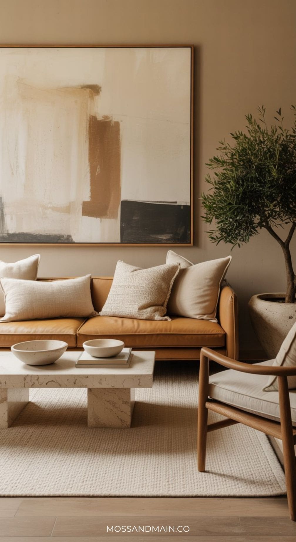 A sophisticated living room with a tan leather sofa, neutral throw pillows, a marble coffee table with decorative bowls, a light rug, an abstract wall painting, and a potted indoor tree—perfect for modern living room ideas. Mossandmain.co.