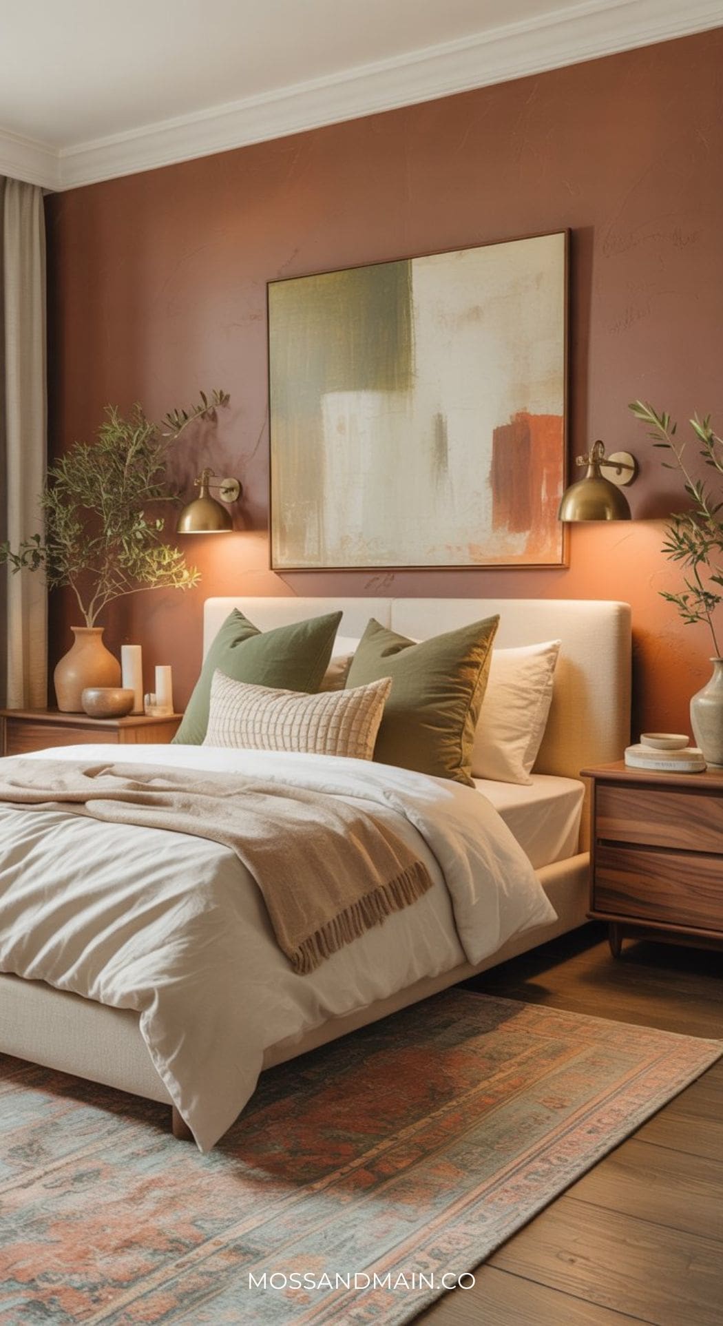 A cozy bedroom with a modern upholstered bed, layered pillows in a timeless color scheme of rust and sage, a beige throw blanket, wooden nightstands, warm wall sconces, potted plants, abstract wall art, and an earth-toned rug on wood floors.