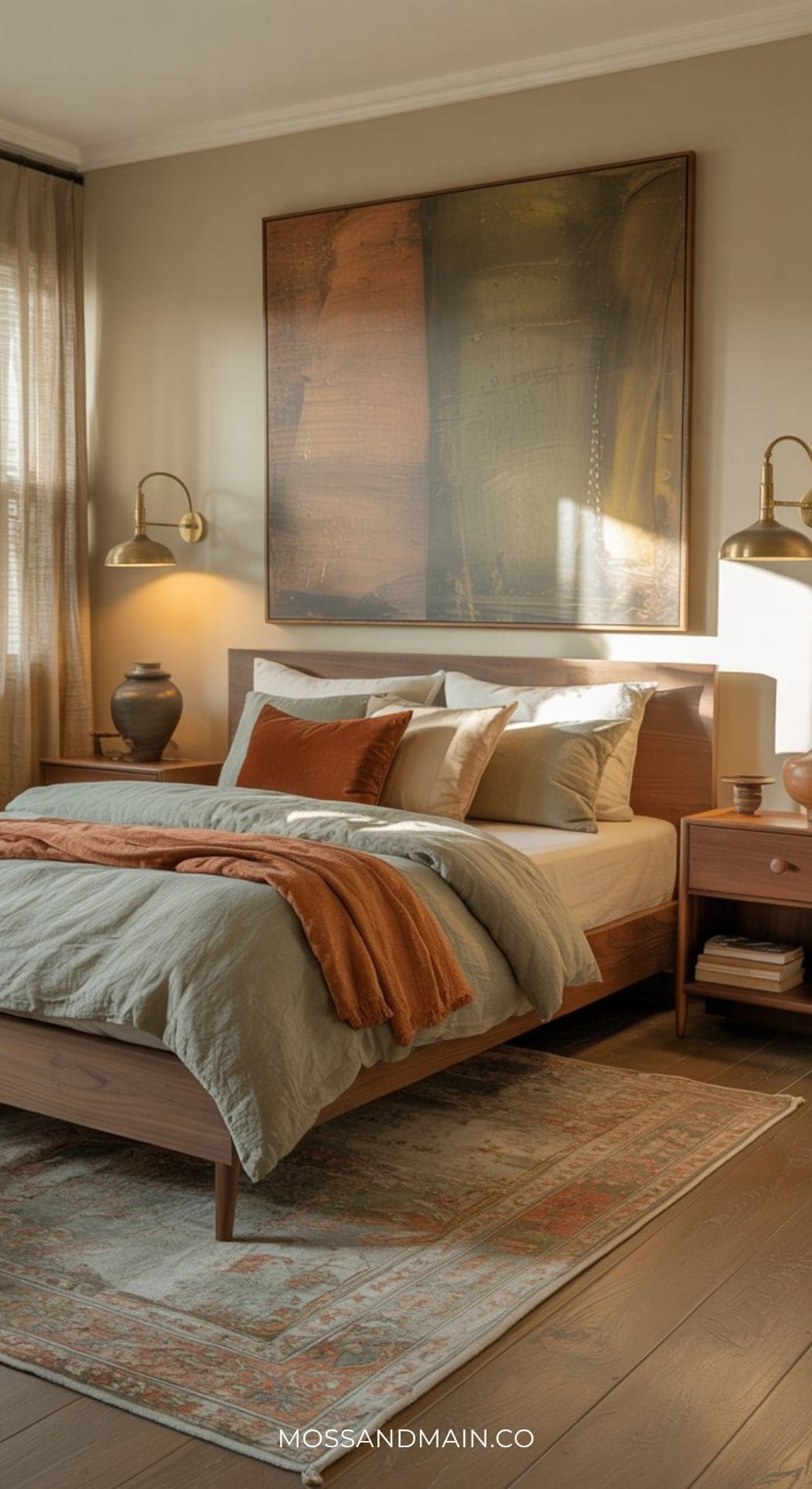 A cozy bedroom with a wooden bed, Rust and Sage bedding, brass wall lamps, a large abstract painting above the bed, and a patterned rug on a wooden floor. Sunlight filters in through sheer curtains, highlighting the earthy palette.