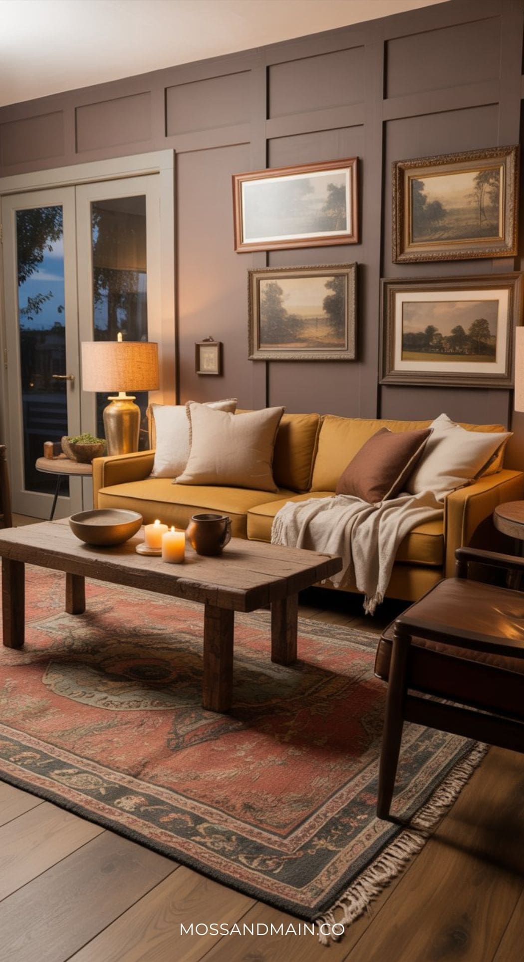 A cozy and sophisticated living room featuring a mustard sofa, neutral pillows, a wooden coffee table with candles, framed landscape paintings on paneled walls, a patterned rug, and warm ambient lighting for inviting living room ideas.