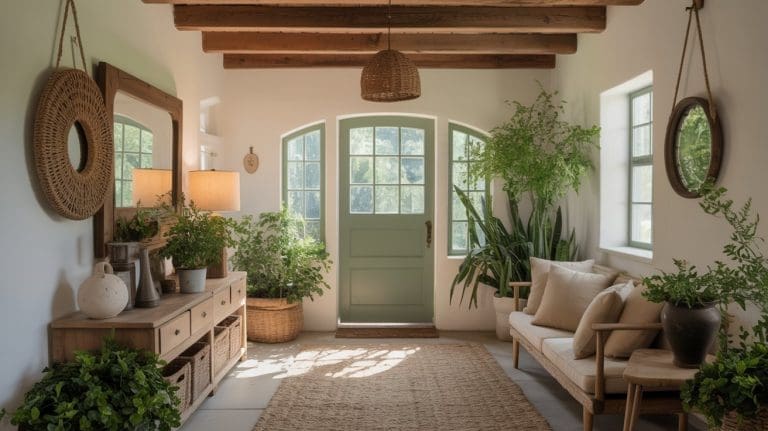A bright, airy entryway with a mint-green door, wooden ceiling beams, potted green plants, and a woven rug offers effortless entryway charm—complete with a wooden bench, cozy cushions, baskets, and decor illuminated by natural light.