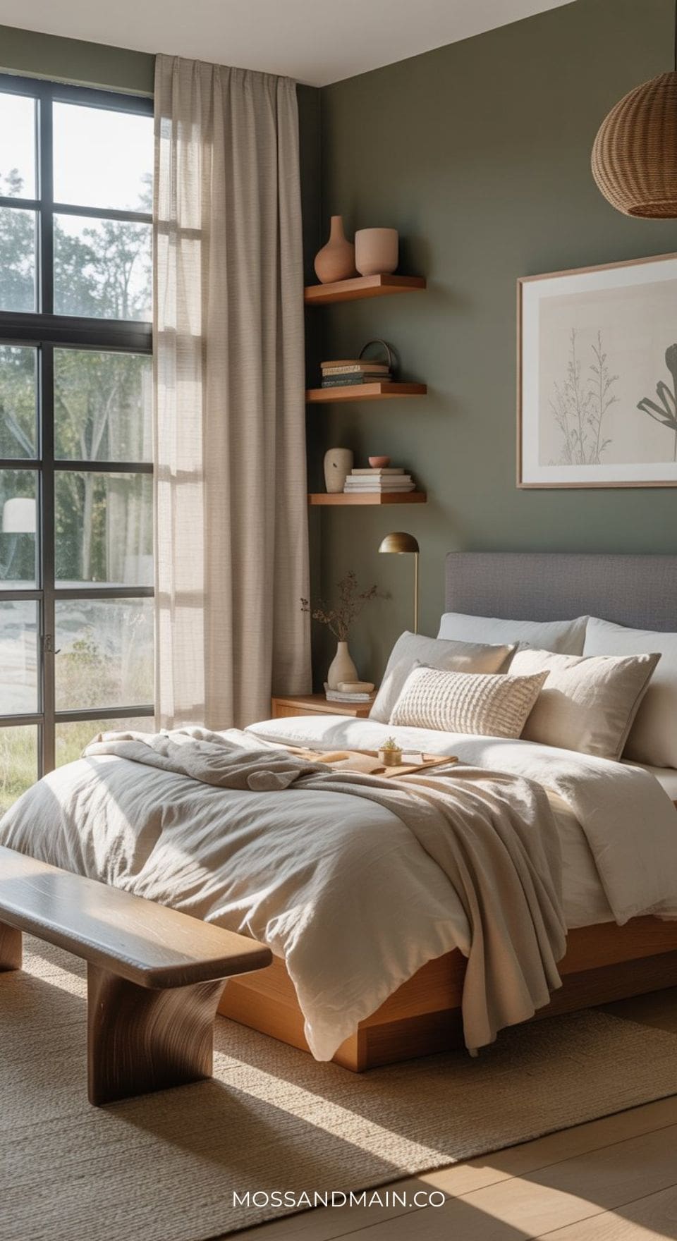 A modern, sunlit bedroom with green walls, a gray headboard for stylish inspiration, large windows, neutral bedding, wooden furniture, floating shelves with decor, and framed art above the bed. The atmosphere is cozy and minimalist.
