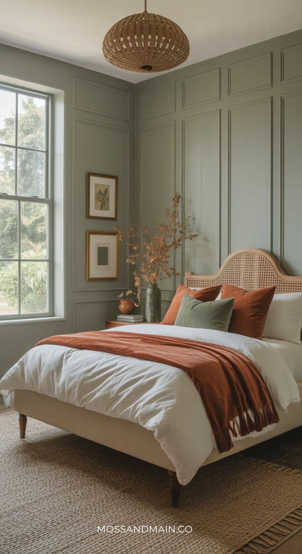 A cozy bedroom with a rust and sage color scheme features paneled sage green walls, a large window, a rattan headboard, white bedding, rust pillows and throw, and decorative vases on the nightstand. Natural light fills the room.
