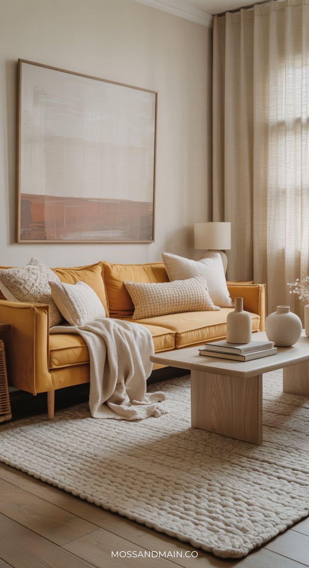 A sophisticated living room featuring a mustard sofa, beige cushions and blanket, a light wooden coffee table with vases, a textured cream rug, and neutral decor, all bathed in natural light from a window with sheer curtains.