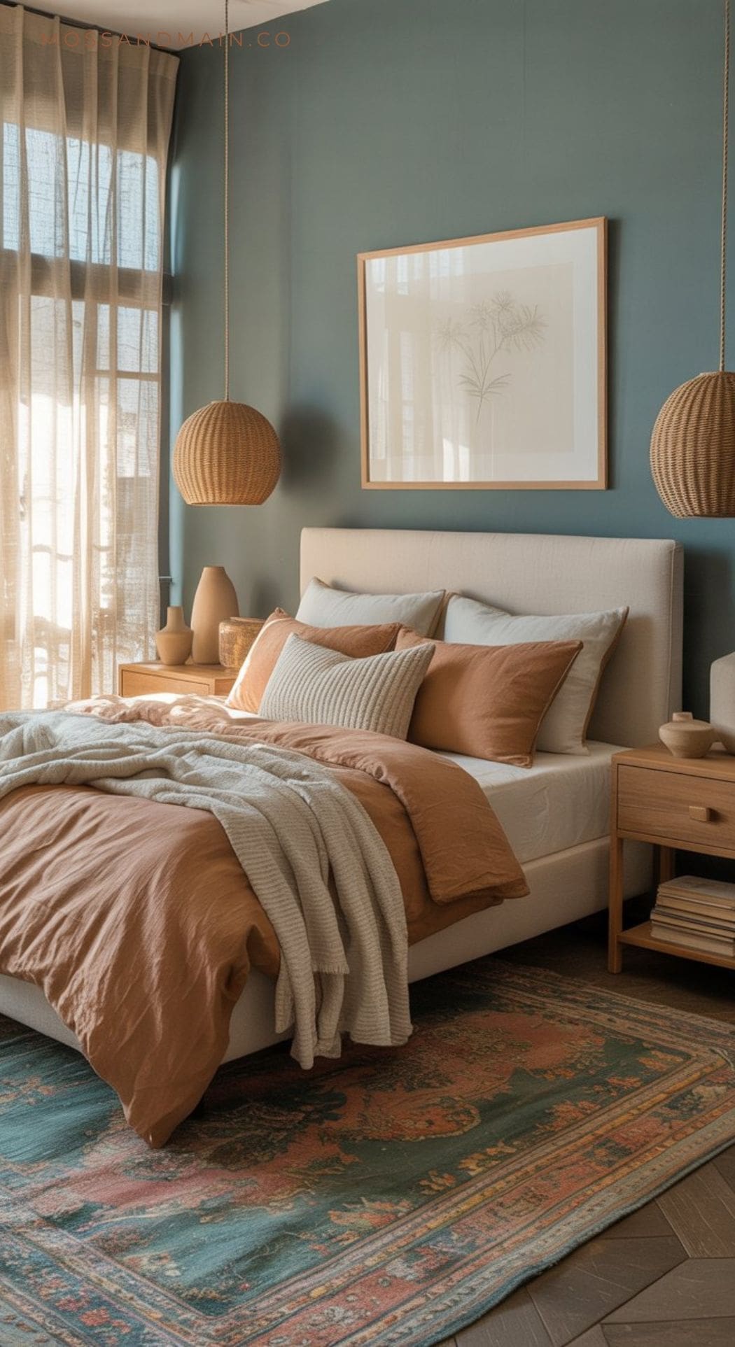A cozy bedroom with a soft beige bed topped with rust and cream bedding, two wicker pendant lights, a wooden nightstand, a framed botanical print, and soft natural light filtering through sheer curtains creates a trending color scheme.