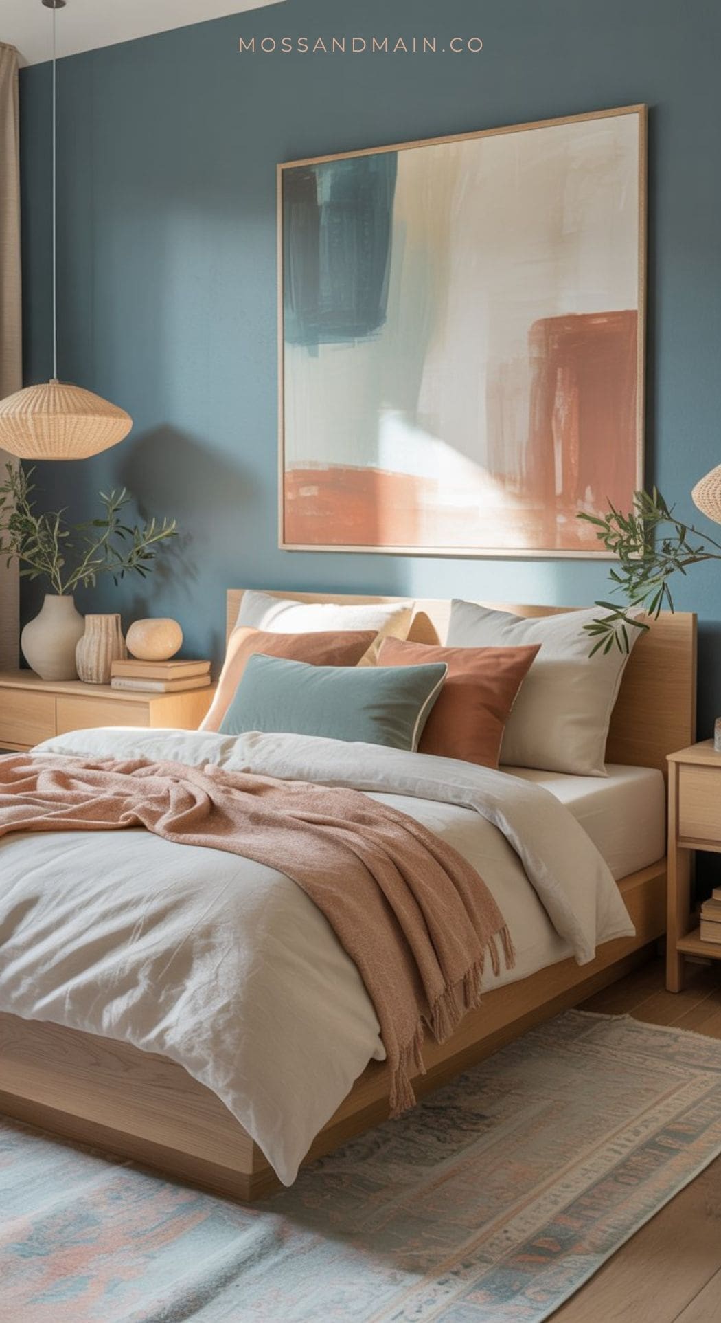 A cozy modern bedroom with a wooden bed, white and earth-toned bedding, throw pillows, a soft blanket, pendant lights, potted plants, abstract wall art, and natural decor on a wooden nightstand featuring a trending color scheme.