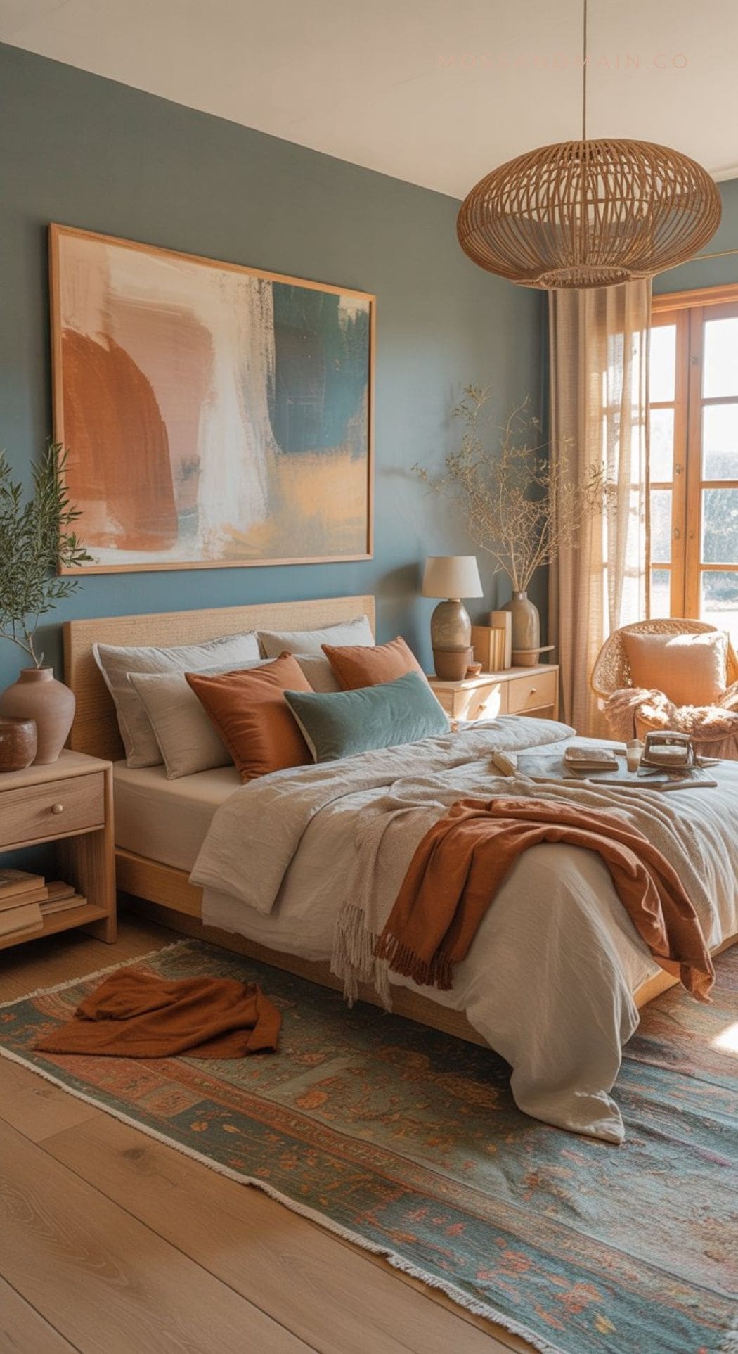 A cozy bedroom with a modern, earthy design features a bed with rust and beige bedding—part of a trending color scheme—a wooden nightstand, large abstract painting, woven decor, patterned rug, and sunlight shining through sheer curtains.
