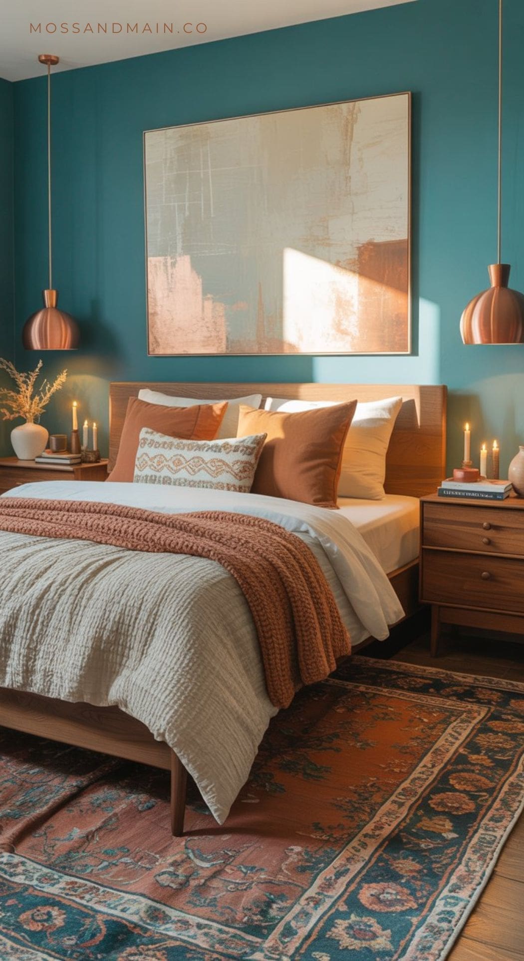 A cozy bedroom with teal walls embraces the trending color scheme, featuring a wooden bed, rust and beige bedding, copper pendant lights, candles, a large abstract painting, and a patterned rug. Warm light completes this relaxing retreat.