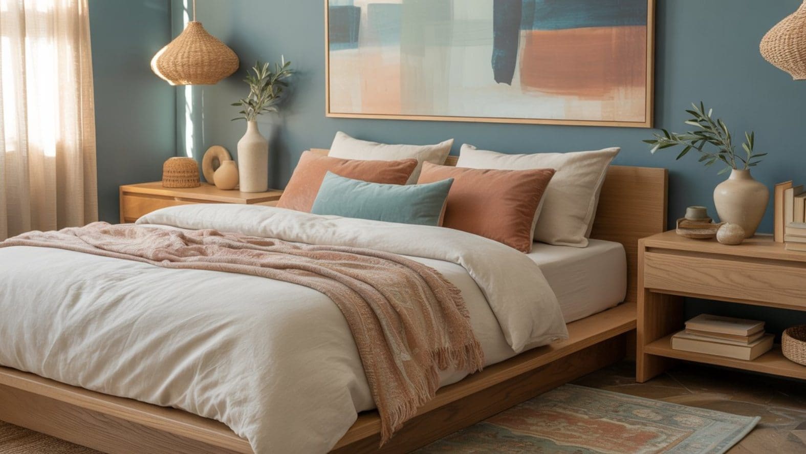 A cozy bedroom with a wooden bed, white bedding, rust and teal accent pillows, a soft throw blanket, and abstract wall art against blue-green walls—perfect inspiration for those seeking trending color scheme or teal bedroom ideas.