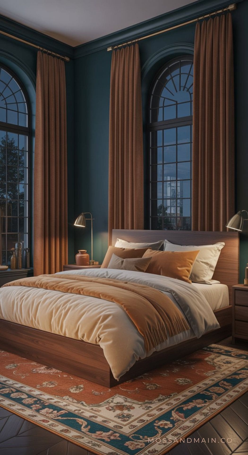 A cozy bedroom with a trending color scheme, featuring large arched windows, dark green walls, and brown curtains. The wooden bed has beige and rust-colored bedding, an ornate area rug, and warm lamps on bedside tables.