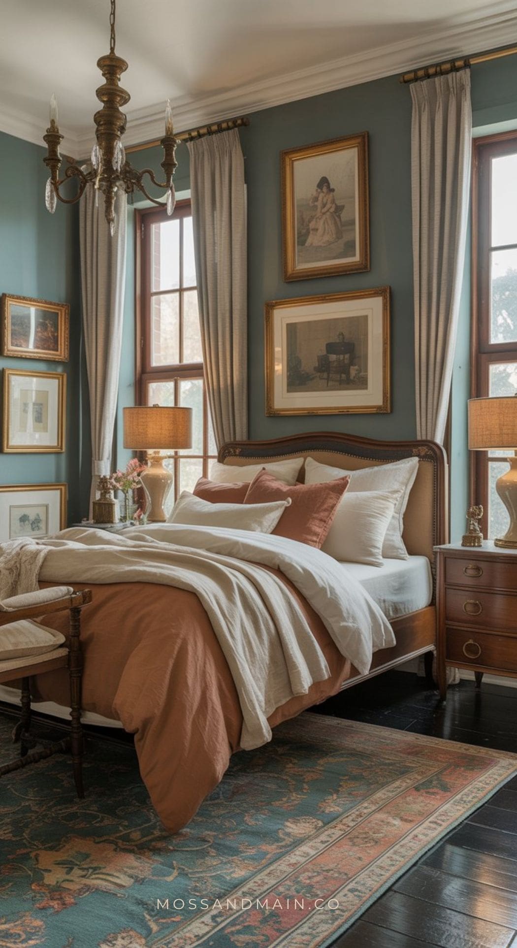 A cozy bedroom featuring a trending color scheme with rust and white bedding, framed art on green walls, tall windows, wooden nightstands, lamps, and a patterned rug. A chandelier completes the elegant look.
