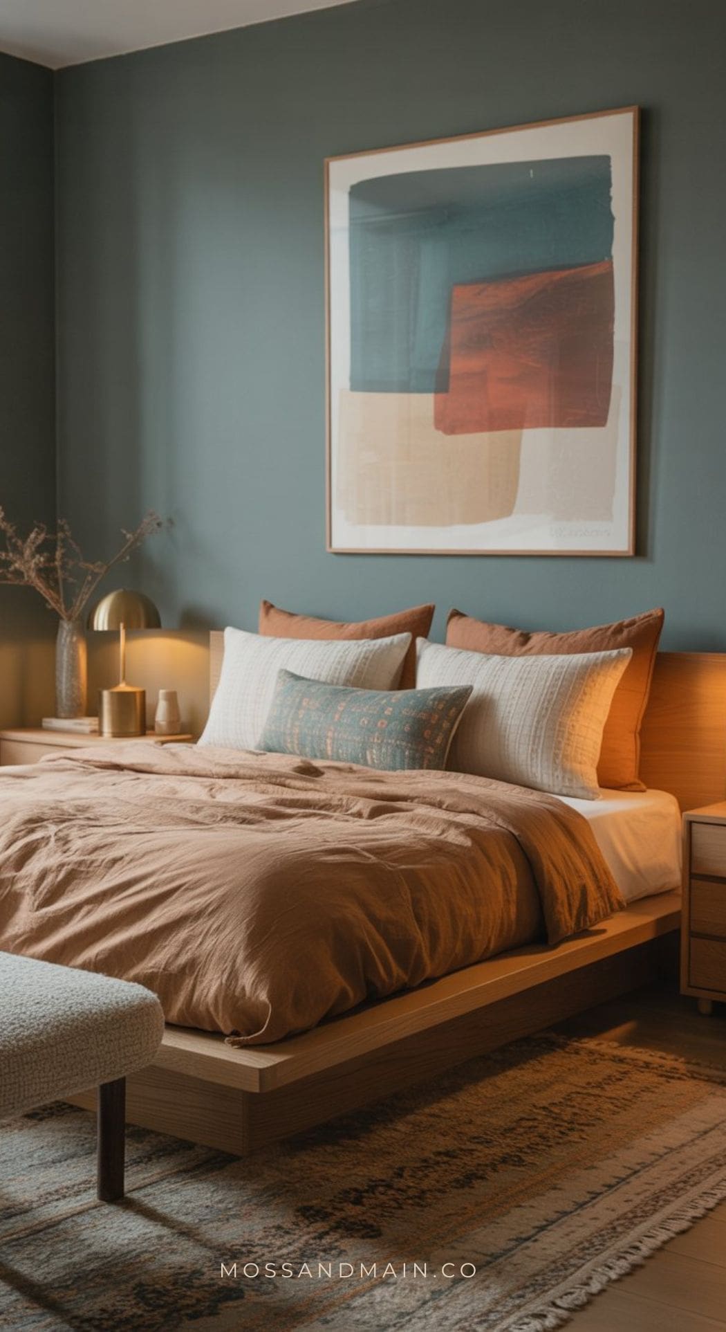 A cozy modern bedroom with a wooden bed frame, rust-colored bedding, textured pillows, and a beige bench features a trending color scheme. The large abstract artwork on a dark green wall inspires new teal bedroom ideas and adds depth to the space.