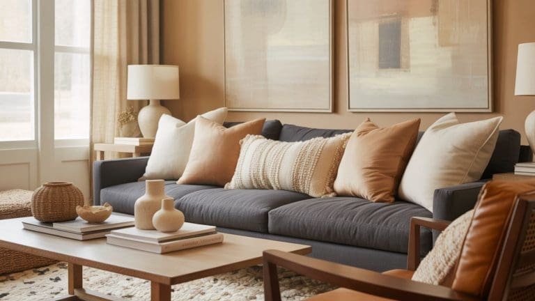 A cozy Charcoal Couch Living Room featuring a dark grey sofa adorned with beige and cream pillows, a wooden coffee table with decorative vases and books, leather armchair, soft rug, and neutral-toned wall art. Natural light fills the space.