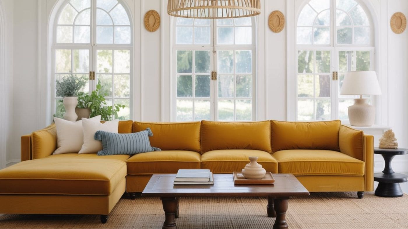 A living room featuring a mustard couch, blue and white accent pillows, a wooden coffee table, light woven rug, arched windows, potted plant, table lamps, and neutral wall décor—perfect inspiration for mustard sofa living room ideas.