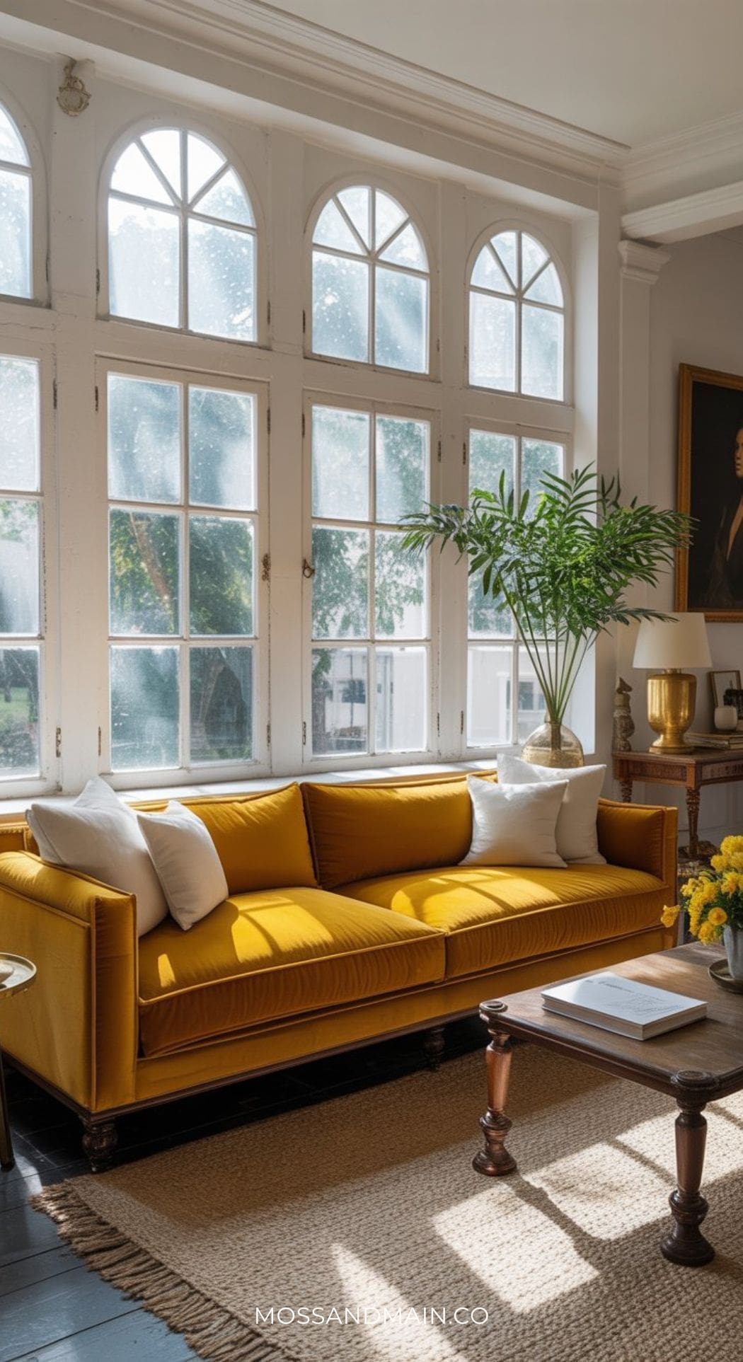 A bright living room with large arched windows, a mustard couch adorned with white pillows, a wooden coffee table, potted plants, and sunlight streaming in—offering fresh mustard sofa living room ideas for modern spaces.