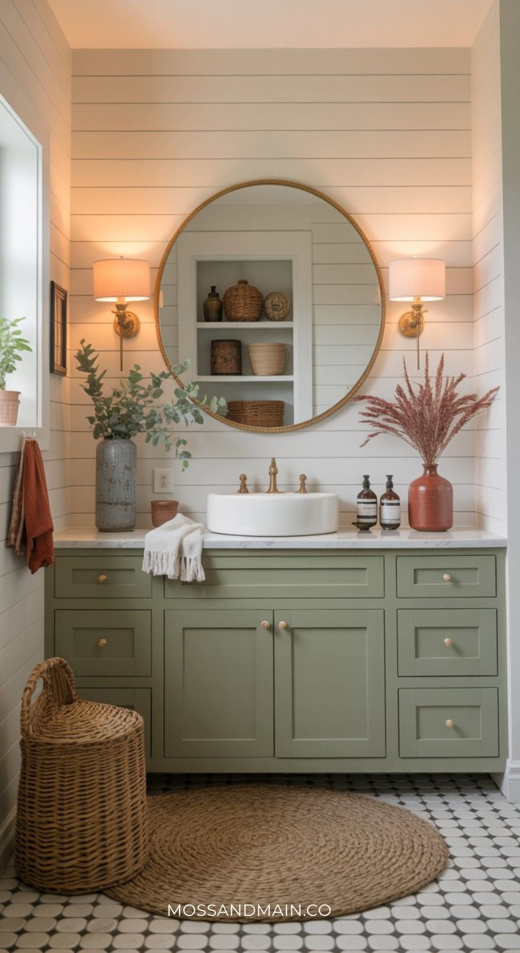 A stylish bathroom with a green vanity, gold hardware, and a round mirror. The white shiplap walls, warm lighting, and potted plants enhance the cozy vibe, while an earthy palette and wicker basket complete this modern farmhouse retreat.